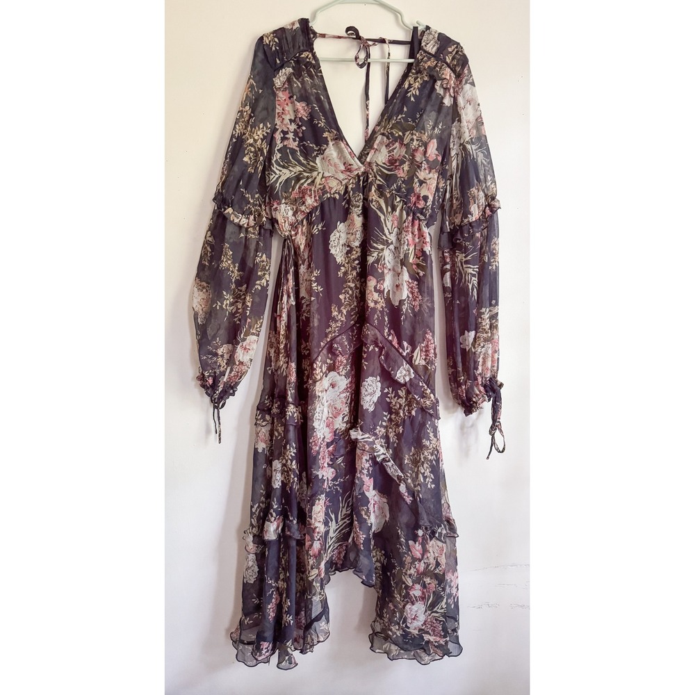 ASOS DESIGN Floral Boho Ethereal Ruffle Midi Dress Navy Pink US 10